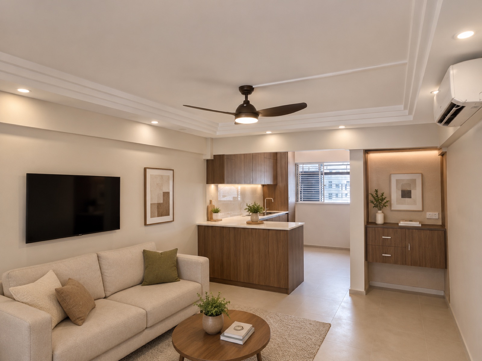 Completed open-concept HDB living room and kitchen