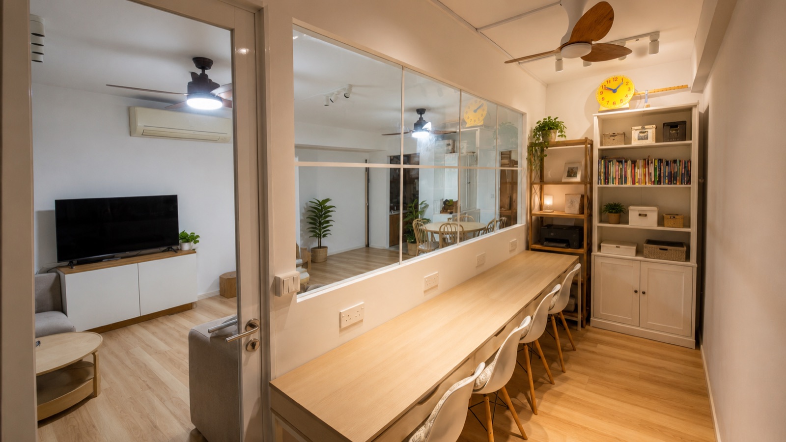 Finished study room with a long desk and chairs, seen through the glass partition