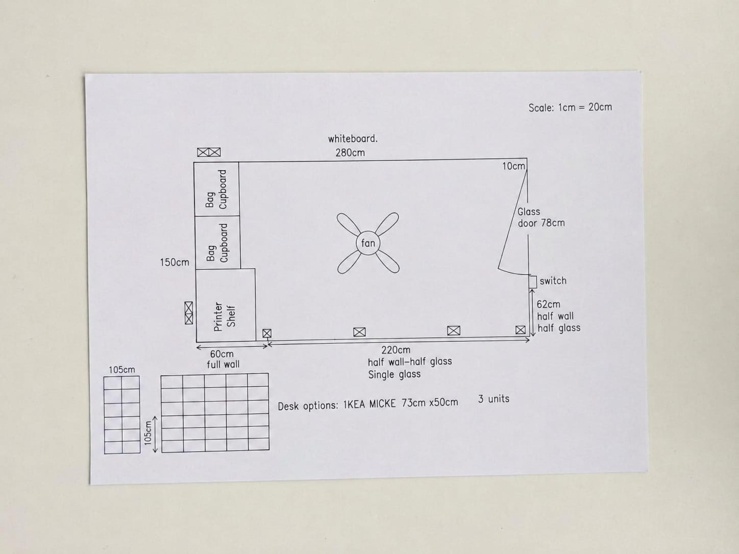 Client's hand-drawn, measured floor plan of the proposed study room